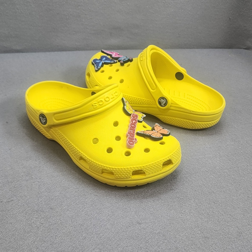 Crocs Classic Clog Yellow Butterfly Stitch Scorpio Charms Women 8 Men 6